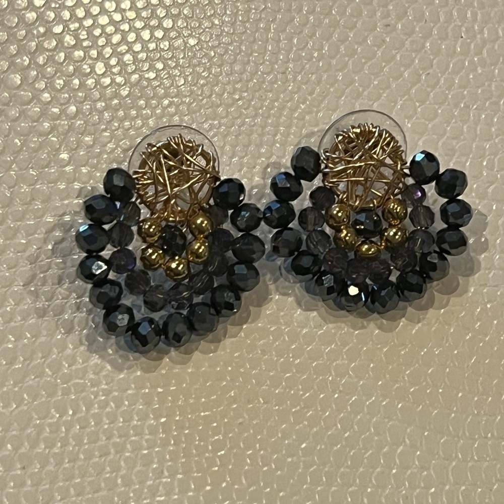 Gold Blue Purple Beaded Stud Earrings Boho Statement Colorful Jewelry - Picture 2 of 8